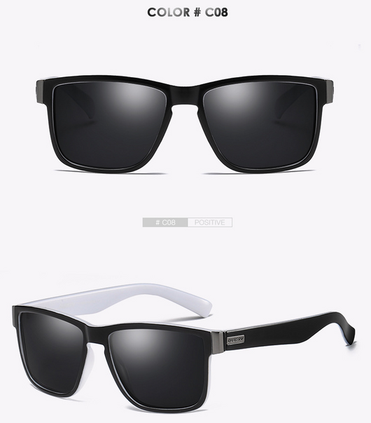 Black DUBERY polarized sunglasses with rectangular frames and dark lenses, shown from front and top-down angles. - Image 10