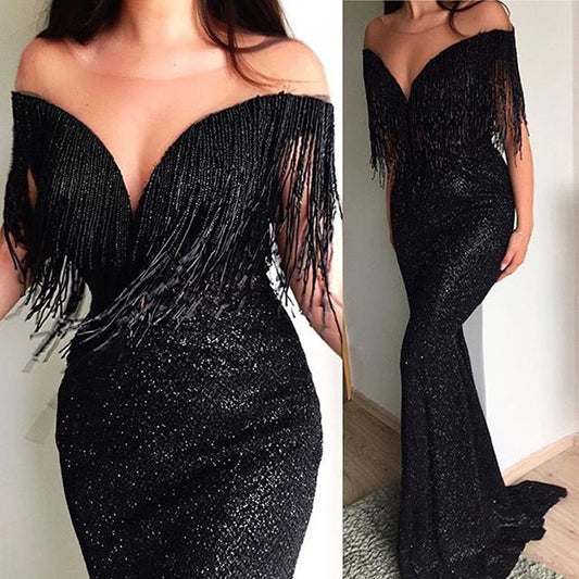 Vestido Largo Negro con Lentejuelas - Escote en V Ajustado