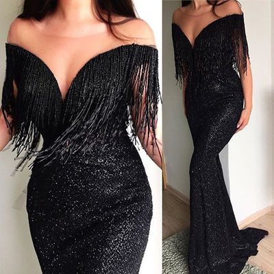 Vestido Largo Negro con Lentejuelas - Escote en V Ajustado