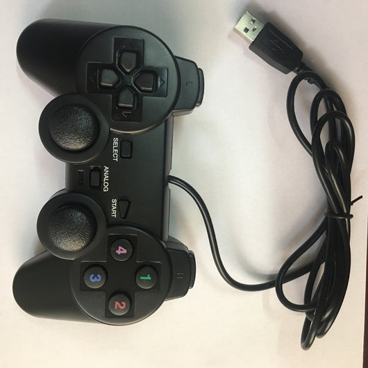 Black USB wired gamepad controller with a D-pad, dual analog sticks, and four colored action buttons. - Image 4