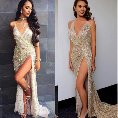 Vestido Halter Escotado con Lentejuelas Sexy