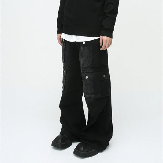 Pantalón Jean Cargo Retro de Talle Ancho con Múltiples Bolsillos