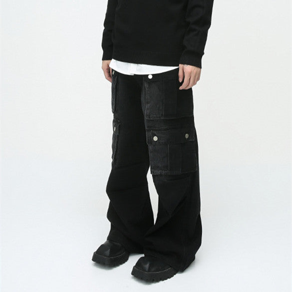 Pantalón Jean Cargo Retro de Talle Ancho con Múltiples Bolsillos