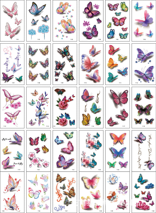 Set of 30 temporary tattoo stickers featuring pink and purple butterflies, flowers, bunnies, and moon designs. - Image 37
