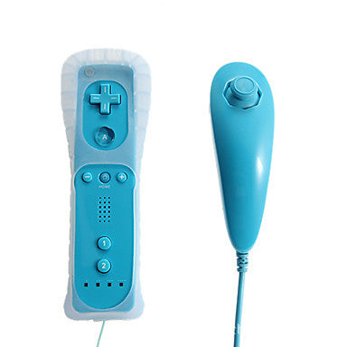 White Wii remote with a light blue silicone sleeve and a white Nunchuk controller with a grey wrist strap. - Image 3