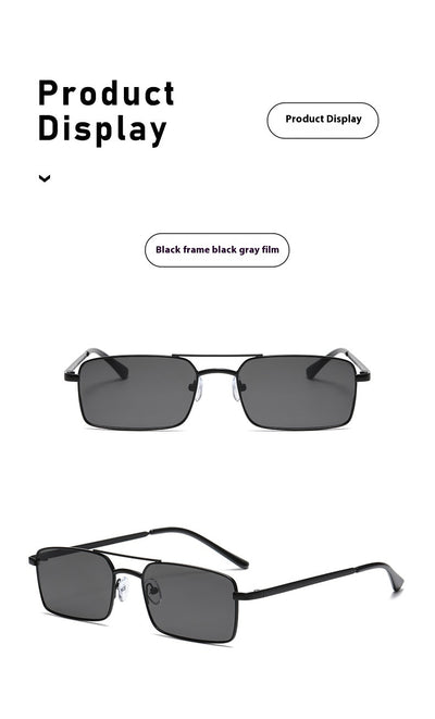 Black rectangular sunglasses with a double beam and dark gray lenses, angled on a white background. - Image 17