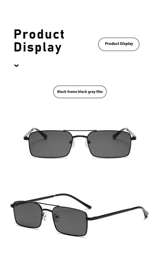 Black rectangular sunglasses with a double beam and dark gray lenses, angled on a white background. - Image 17