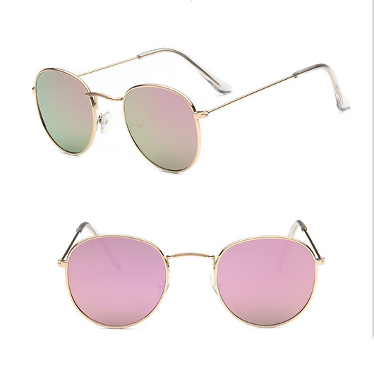Two pairs of round gold-frame sunglasses, one with mirrored orange lenses and one with solid red lenses. - Image 6