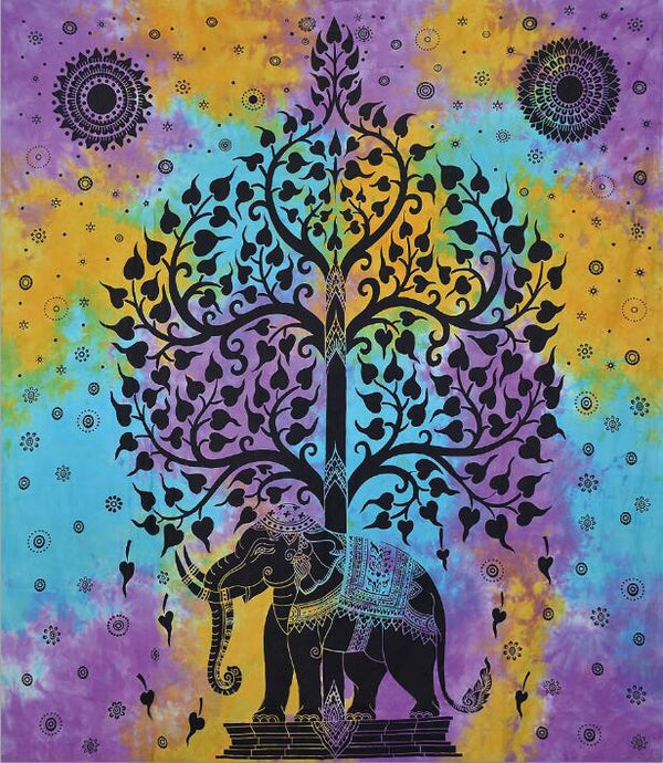 Colorful tie-dye tapestry with a black silhouette of an elephant under a tree with heart-shaped leaves and mandala patterns.