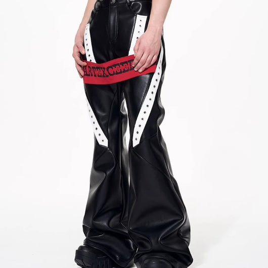 Pantalones de Cuero Acampanados con Bloques de Color para Otoño-Invierno