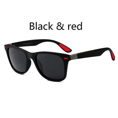 Black frame polarized sunglasses with blue mirrored lenses and blue and red accents on the temples. - Image 9