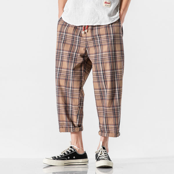 Pantalones Casuales a Cuadros Estilo Asiático con Detalles Desgastados