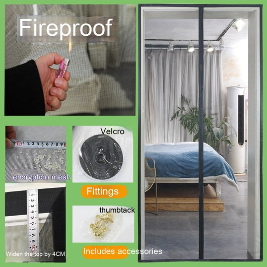 Black fiberglass mosquito-proof screen door mesh with magnetic closure, shown installed in a doorway and with close-ups of its features. - Image 8