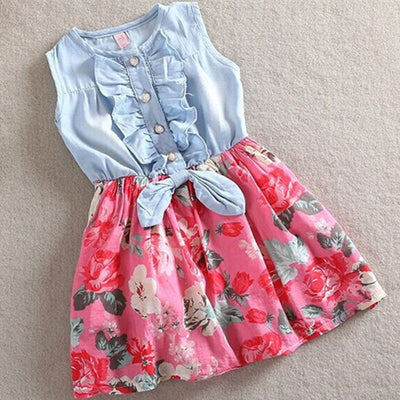 Vestido Infantil sin Mangas de Denim con Estampado Floral - Image 9