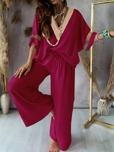 Conjunto de Dos Piezas Pantalón Ancho Cuello V Casual Retro Mujer - Image 6