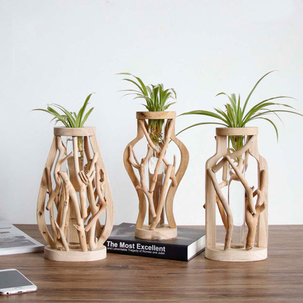 Jarrón de Madera Maciza Artesanal con Diseño Decorativo para Flores y Plantas Hidropónicas