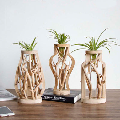 Jarrón de Madera Maciza Artesanal con Diseño Decorativo para Flores y Plantas Hidropónicas