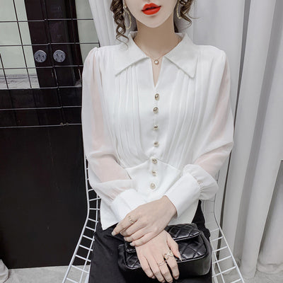 Blusa Casual de Gasa Manga Larga con Solapa Plisada para Mujer - Image 9
