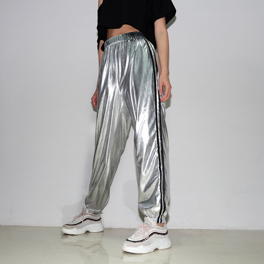 Pantalones Harem Plateados de Cintura Alta con Bolsillos - Estilo Streetwear Moderno