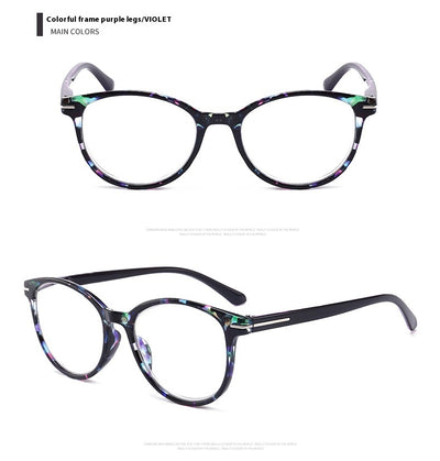 Four pairs of anti-blue light reading glasses with colorful full-rim frames in pink, tea, blue, and violet patterns. - Image 8