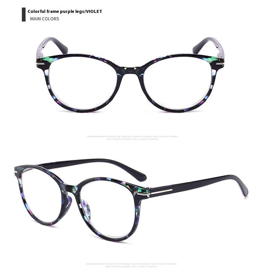 Four pairs of anti-blue light reading glasses with colorful full-rim frames in pink, tea, blue, and violet patterns. - Image 8