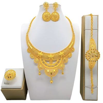 24K gold-colored four-piece jewelry set with peacock necklace, matching bracelet, earrings, and ring. - Image 3