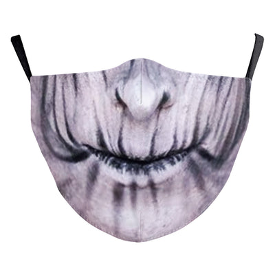 Halloween dust mask with a split design: one side a smiling clown face, the other a stitched, bloody mouth. - Image 9