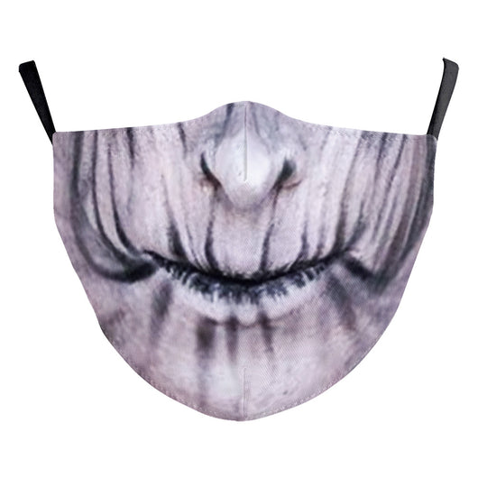 Halloween dust mask with a split design: one side a smiling clown face, the other a stitched, bloody mouth. - Image 9