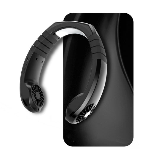 Black NEXFAN hanging neck fan with visible fan grilles and control buttons, designed for hands-free personal cooling.