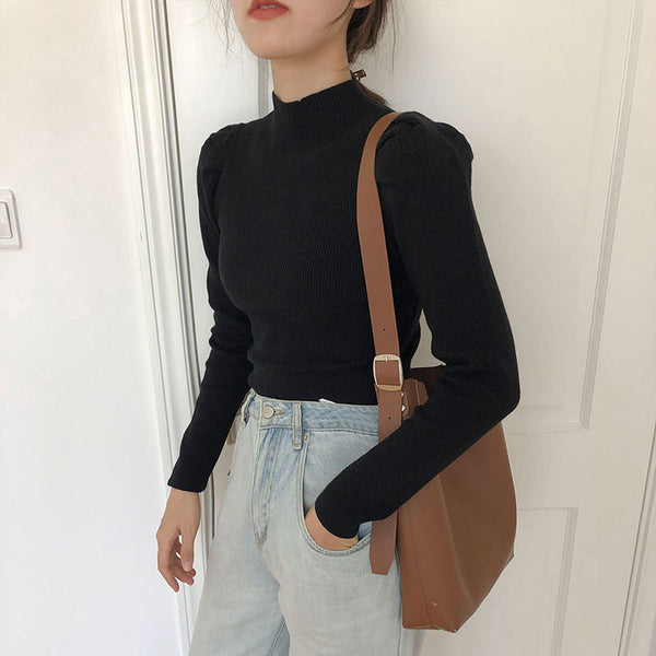 Blusa Tejida Cuello Alto con Mangas Abullonadas