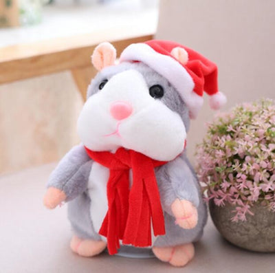 Brown and white plush talking hamster toy with pink nose and ears, standing upright on a white surface. - Image 6