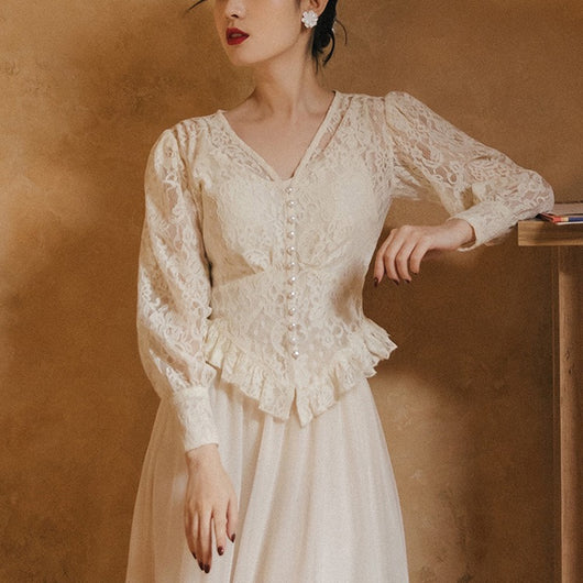 Blusa de Encaje Retro y Vestido de Malla Hada Delicada - Image 10