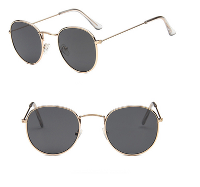 Two pairs of round gold-frame sunglasses, one with mirrored orange lenses and one with solid red lenses. - Image 4