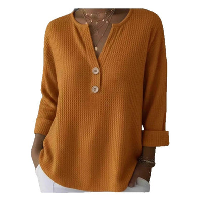 Blusa Suelta de Punto Waffle con Cuello V y Manga Larga - Image 5