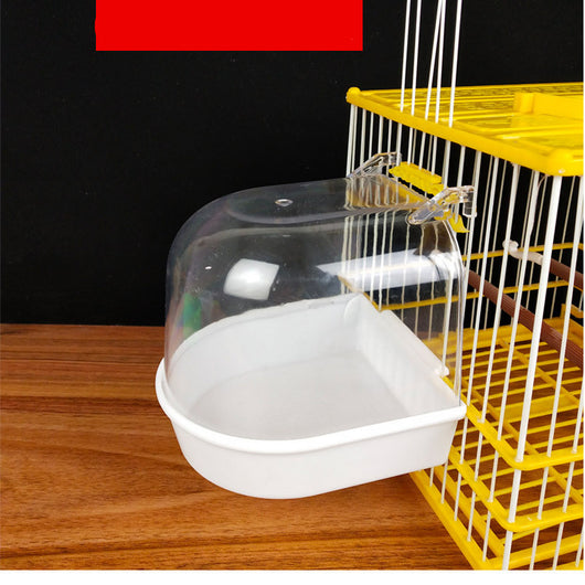 Clear plastic bird bath with a blue base, designed to attach to a yellow and white bird cage. - Image 5