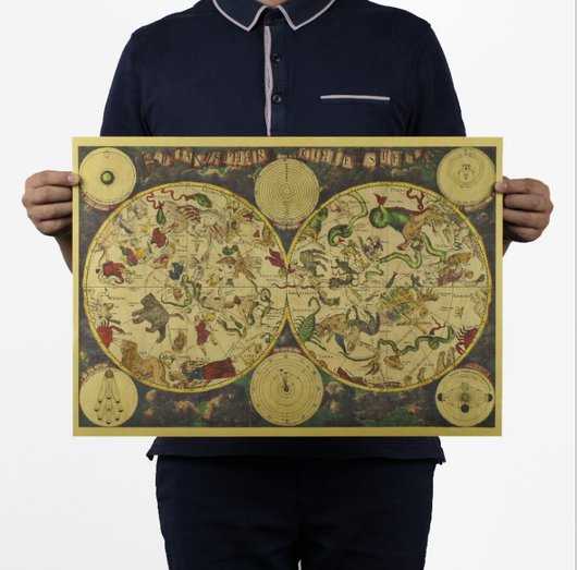 Mapa de Constelaciones Antiguas - Lámina Decorativa 12 Zodiacos en Papel Kraft