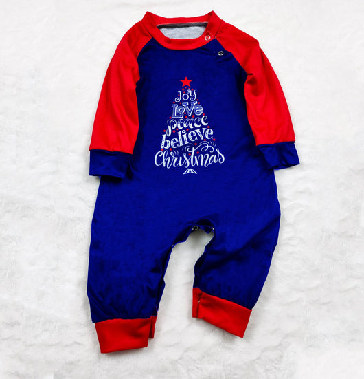 Family matching Christmas pajamas with blue long-sleeve tops, red raglan sleeves, and a Christmas tree graphic. Blue pants feature a white polar bear pattern. - Image 5