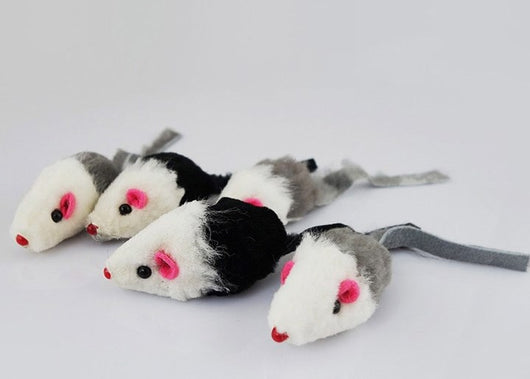 Five fake mouse cat toys with white bodies, grey or black backs, pink ears, black eyes, and red noses. - Image 3