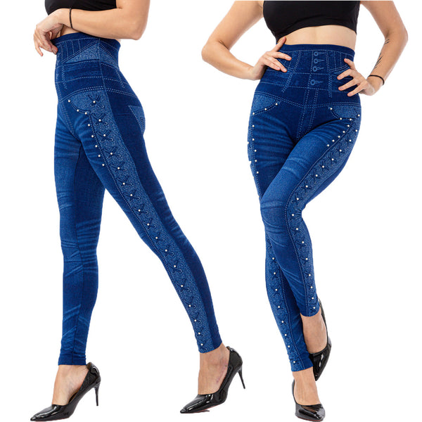 Pantalones Capri Ajustados de Cintura Alta con Detalles Brillantes