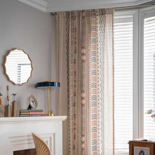 Boho cream cotton and linen curtain with tribal print in black and orange, featuring black fringe tassels. - Image 21