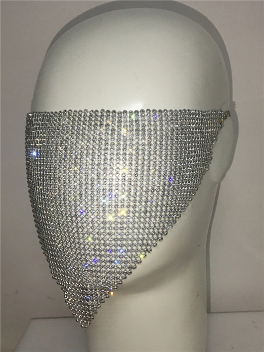 Gold rhinestone mask made of metal mesh, covering the face from the eyes to below the chin, displayed on a white mannequin head. - Image 28