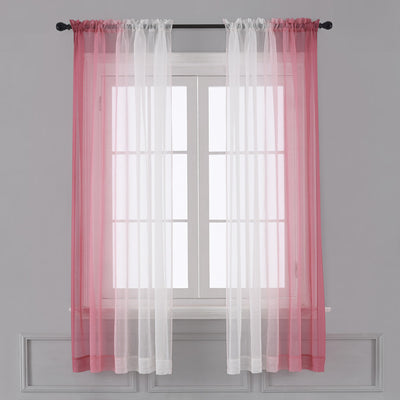 Pink and white gradient sheer rod pocket curtain panels hung on a black rod in front of a window. - Image 7