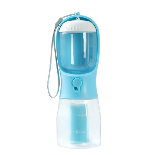 Purple 3-in-1 portable pet water bottle with food compartment, waste bag dispenser, and lanyard. - Image 9