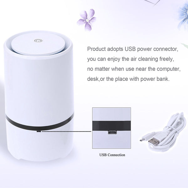 White cylindrical USB air freshener and ionizer with a black accent band, featuring a power symbol on top.