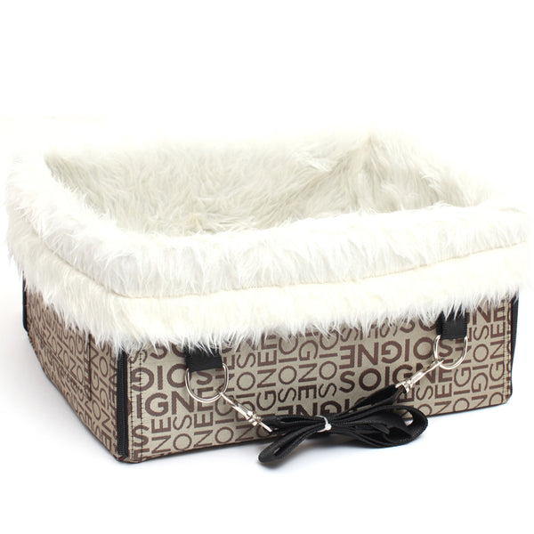 Double layer thickened waterproof dog car seat pad with grey camouflage exterior and plush cream-colored lining.