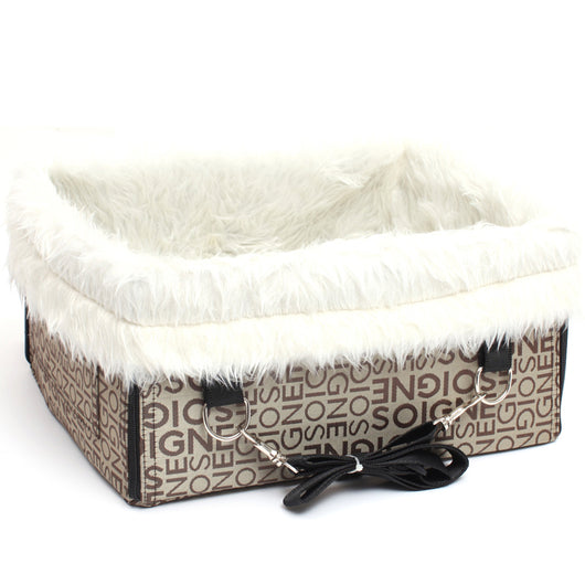 Double layer thickened waterproof dog car seat pad with grey camouflage exterior and plush cream-colored lining.
