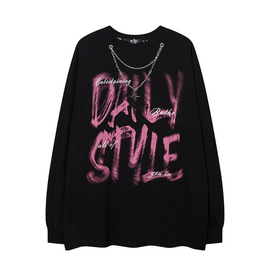 Playera Manga Larga Hip Hop con Letras Fuzzy y Cadena para Hombre