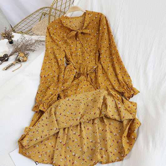 Vestido Midi Estilo Colegiala con Cuello Anudado y Estampado Floral Primavera