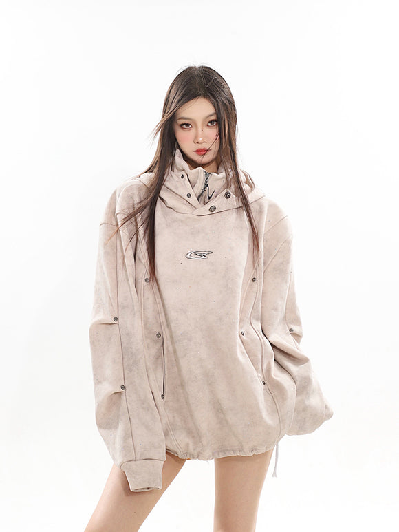 Sudadera Capucha Cuello Alto Doble Capa Plisada para Parejas
