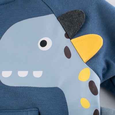 Blue children's fleece hooded jacket with a full zipper, featuring a light blue dinosaur appliqué and "SPACE" embroidery. - Image 9